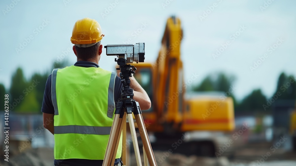 Surveyor using a theodolite to measure angles at a construction site. Featuring precision and measurement Surveyor using a theodolite to measure angles at a construction site. Featuring precision and measurement