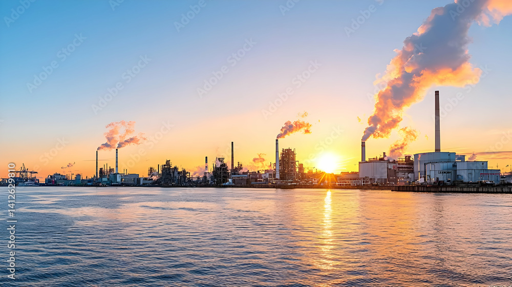 Obraz premium Sunset Over Industrial Complex by Water