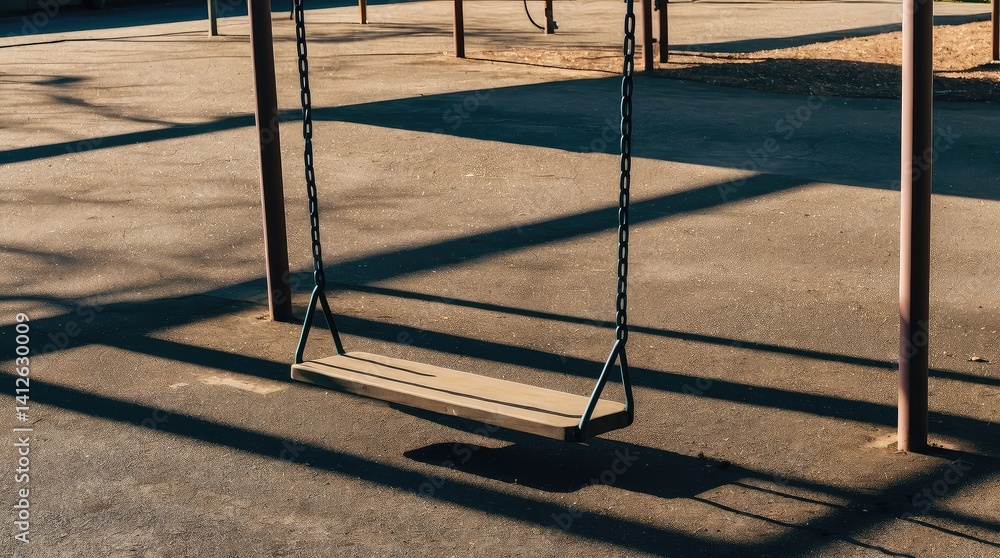 Empty swing set hanging motionless in a deserted playground, evoking eerie stillness and abandonment under warm sunlight casting long shadows on the ground Empty swing set hanging motionless in a deserted playground, evoking eerie stillness and abandonment under warm sunlight casting long shadows on the ground