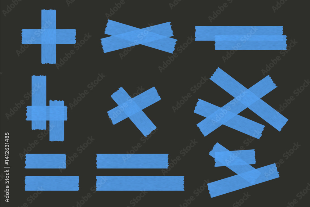 Obraz premium Set of blue adhesive tape strips in various crossed and straight shapes on dark background, isolated vector illustration for design and decoration elements.
