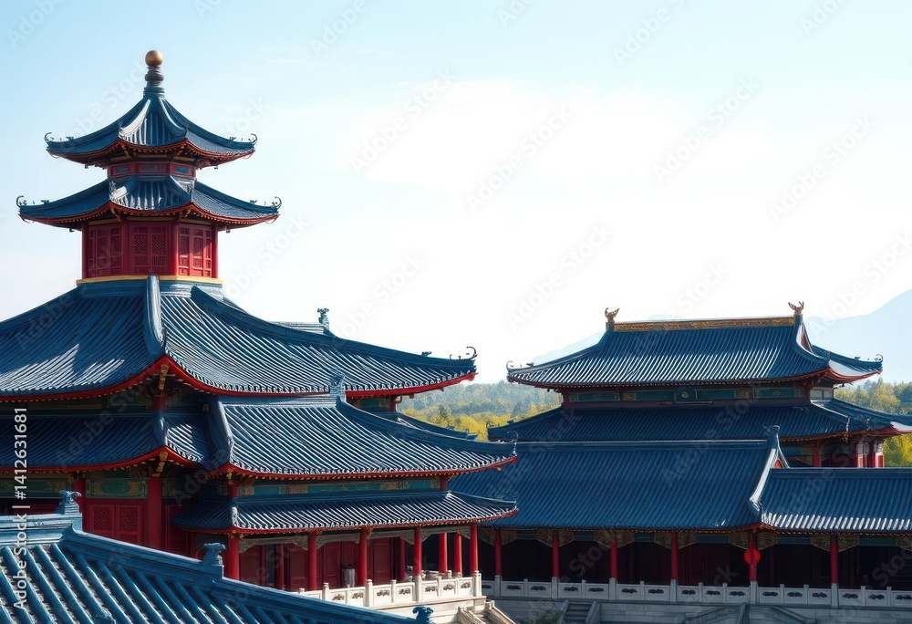 Ancient Chinese temple complex, imperial blue tiled roofs against a clear sky, blue, pagoda Ancient Chinese temple complex, imperial blue tiled roofs against a clear sky, blue, pagoda