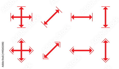 Set of red measurement arrows icons indicating width, height, and diagonal dimensions in various styles. Ideal for UI, CAD, or technical illustrations.