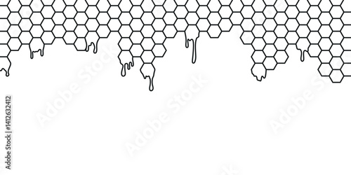 Vector illustration of a honeycomb pattern with dripping honey. Clean black outline on a white background, perfect for packaging or nature-themed design.