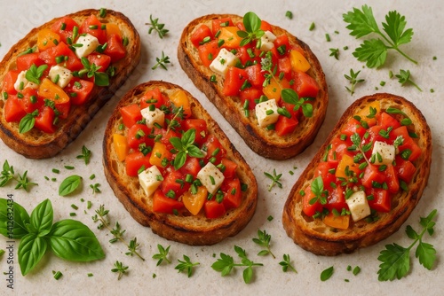 Freshly Prepared Bruschetta Topped With Vibrant Tomatoes and Herbs on Toasted...