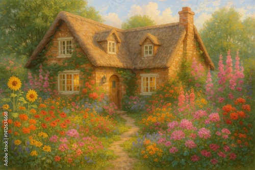 Quaint Cottage Surrounded by Vibrant Flowers in a Sunny Garden During Golden ...