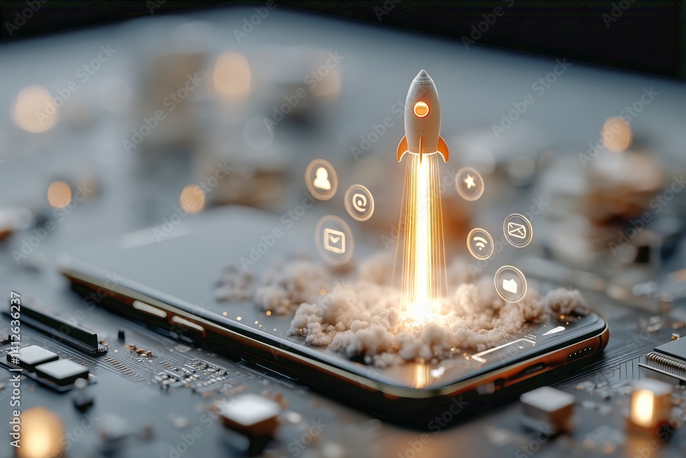 Digital Launchpad With Rocket Emerging on Circuit Board Representing Innovation in Technology
