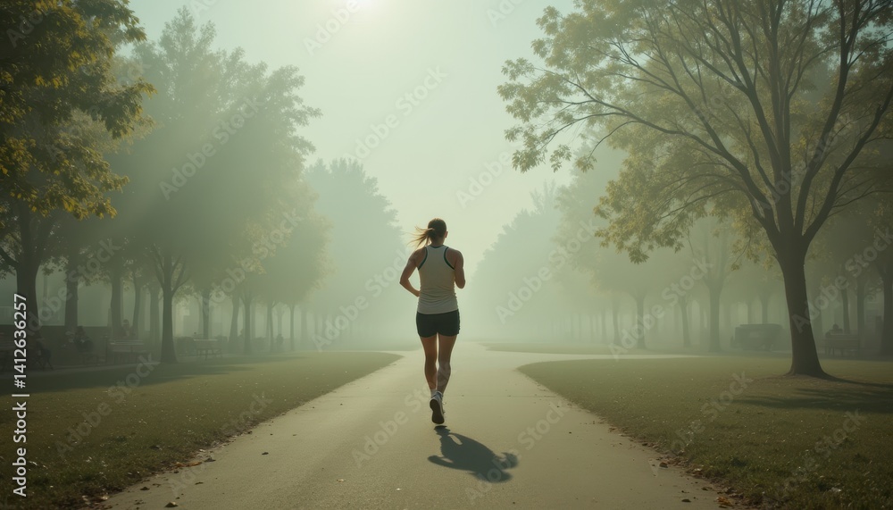 Person jogging in smog filled park, exhaust particles swirling in air, health exposure concept in modern lifestyle Person jogging in smog filled park, exhaust particles swirling in air, health exposure concept in modern lifestyle