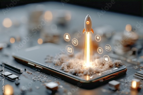 Digital Launchpad With Rocket Emerging on Circuit Board Representing Innovation in Technology