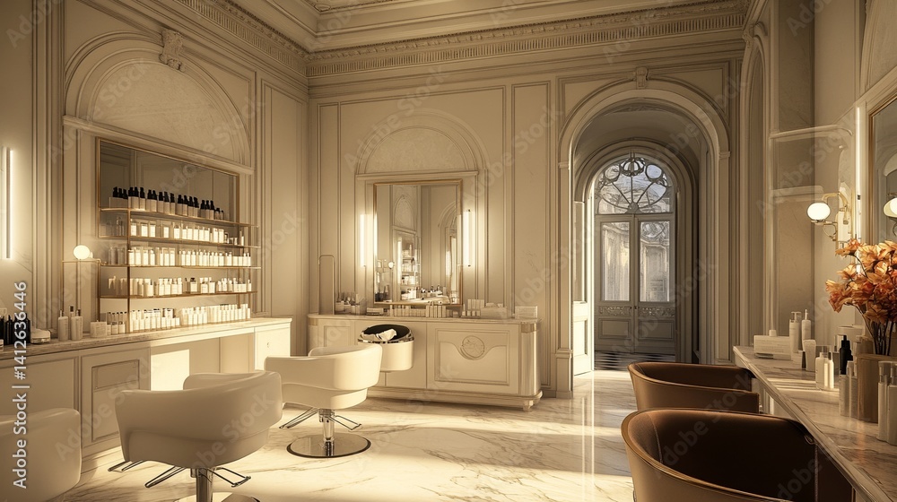 Obraz premium The beauty salon features an elegantly designed interior that brings together hairdresser and makeup artist stations, with cleverly designed mirrors that contribute to the sophisticated atmosphere of