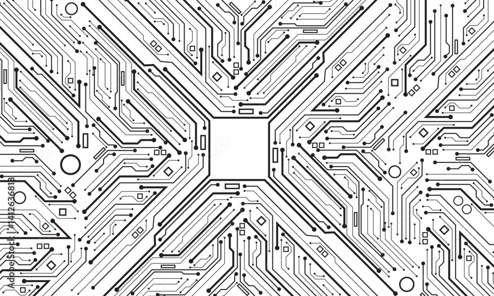 Abstract black circuit board technology connected lines electronics elements computer motherboard chip processor semiconductor digital on white background vector