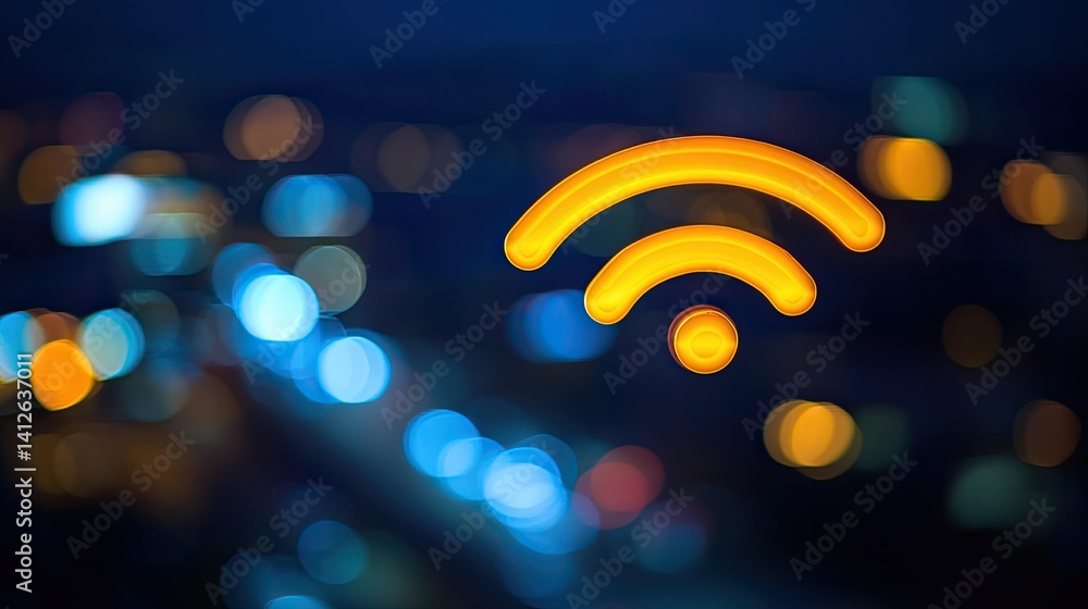 Obraz premium Glowing wifi symbol against a blurred background of city lights at night