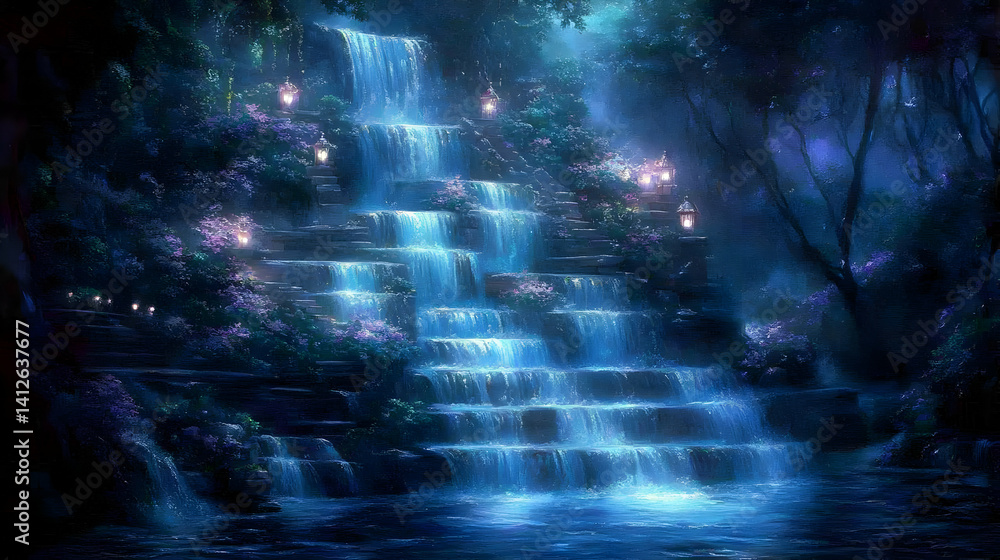 Obraz premium Magical Waterfall in a Mystical Forest at Night