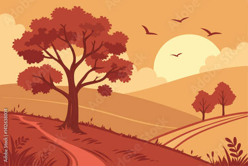 8 Golden sunset, autumn landscape, red trees, rolling hills, orange sky, large sun, flying birds, warm colors, scenic view, cartoon style, digital illustration, peaceful atmosphere, 2D artwork