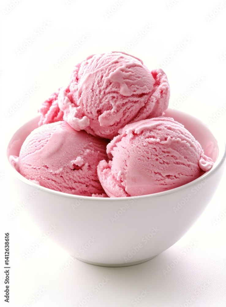 Pink ice cream scoops in a white bowl on a white background. Pink ice cream scoops in a white bowl on a white background.