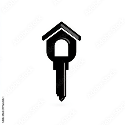 Black Key with House-Shaped Top on White Background