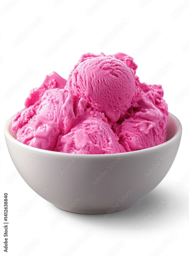 Pink ice cream scoops in a white bowl isolated on a white background. Pink ice cream scoops in a white bowl isolated on a white background.