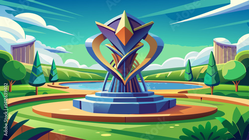 A modern abstract sculpture rising from the center of a manicured green lawn
