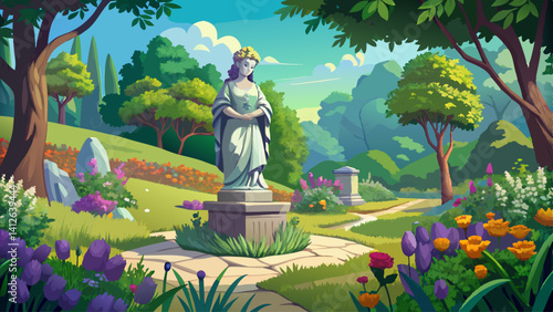 Stone statue nestled among wildflowers in a quiet corner of a public park