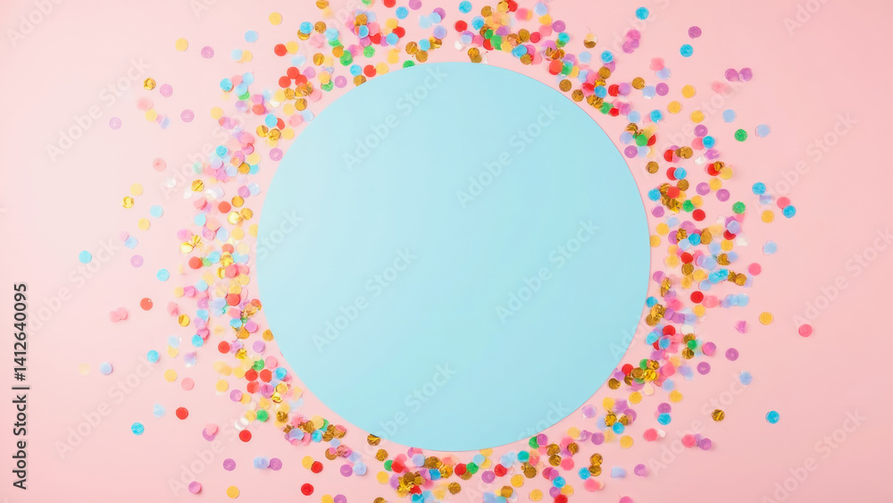 Colorful confetti scattered around a pastel blue circle on a soft pink background, perfect for celebrations and creative designs Colorful confetti scattered around a pastel blue circle on a soft pink background, perfect for celebrations and creative designs