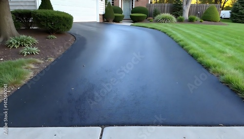 Freshly applied black sealcoat glistens on a newly restored asphalt driveway, with clean edges and subtle texture visible, created with generative ai