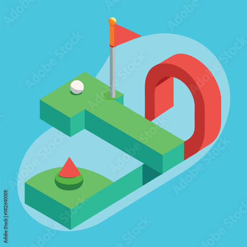Golf element vector Isometric vector of a miniature golf course hole, whimsical design with loop, bridge, or spinning wheel obstacle