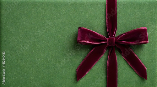 Elegant Red Velvet Ribbon Bow On Green Glitter Background