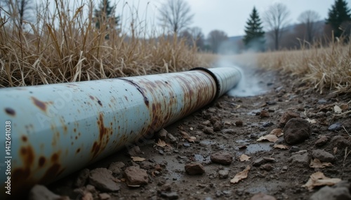 Close up of deteriorated pipeline leaking toxic waste, surrounded by emission fog and groundwater contamination