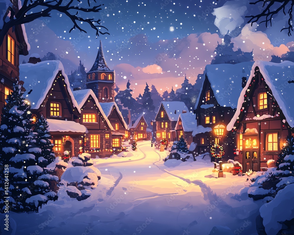 Fototapeta premium Illuminated Christmas village scene, stylized cartoon buildings, snowcovered streets, warm glowing windows, magical winter night, cheerful holiday atmosphere