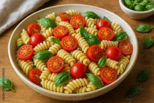 Fresh Pasta Salad With Cherry Tomatoes and Basil Served in a Bowl
