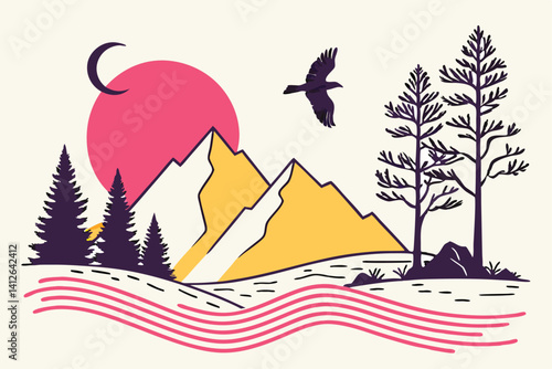 9 Minimalist sunset landscape, vibrant pink sun, yellow mountains, stylized trees, geometric shapes, crescent moon, flying bird, wavy water, pink rays, flat design, bold colors, simple illustration, v
