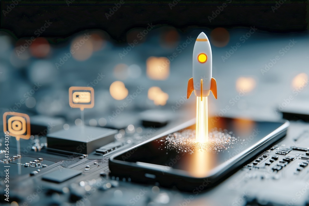 Digital Launchpad With Rocket Emerging on Circuit Board Representing Innovation in Technology