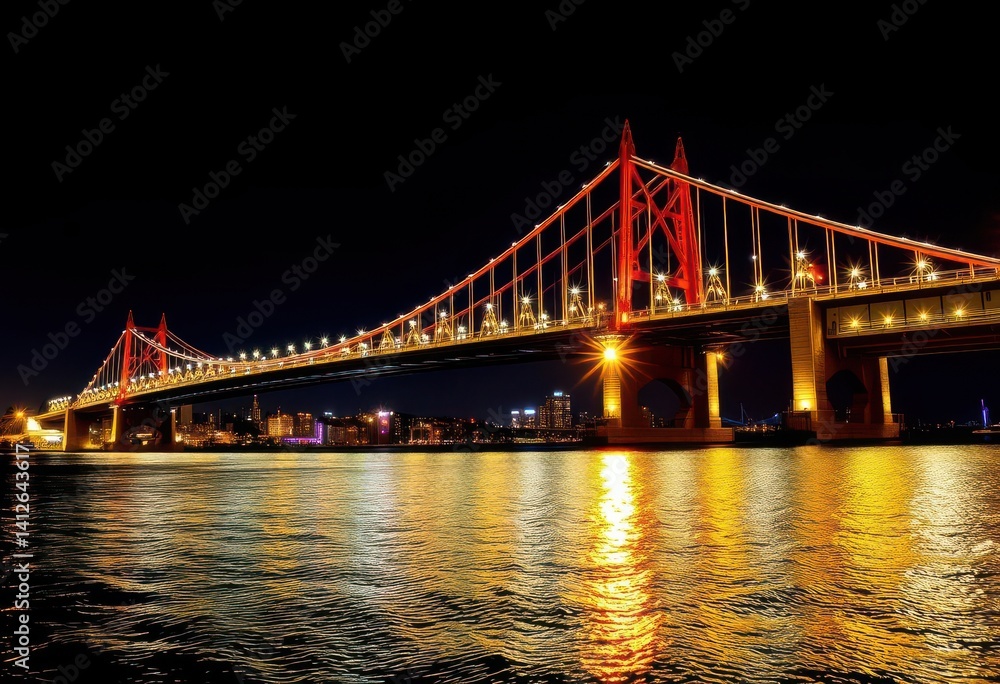 Fototapeta premium City harbor bridge at night, illuminated, reflecting in dark water, detail, bridge