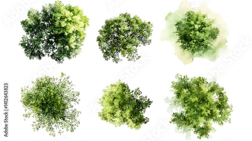 Watercolor trees plan map aerial layout forest foliage green top view drawing botanical picture
