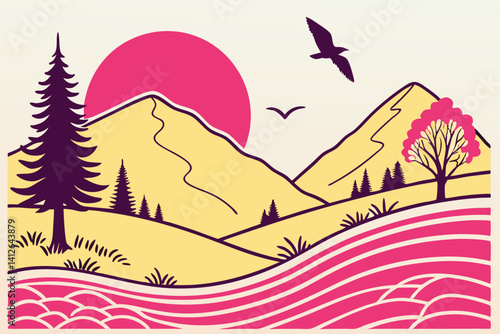 9 Minimalist sunset landscape, vibrant pink sun, yellow mountains, stylized trees, geometric shapes, crescent moon, flying bird, wavy water, pink rays, flat design, bold colors, simple illustration, v