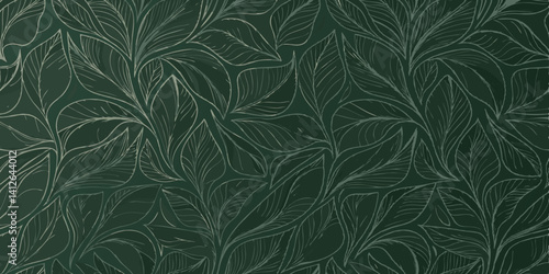 Seamless Ginkgo Leaf Pattern on Dark Green Background tropical leaf Wallpaper, Luxury nature leaves pattern design, Golden banana leaf line arts, Hand drawn outline design for fabric , print, cover
