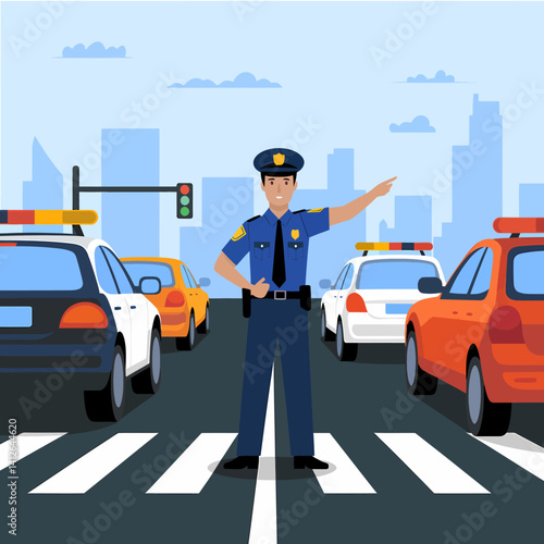 Police Officer Directing Traffic at Crosswalk in Cityscape Illustration