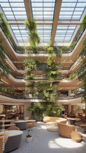 Multilevel building atrium with green walls and skylight, featuring modern furniture, providing open space, natural light, and an organic, biophilic design