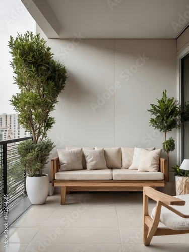 A modern balcony space featuring green plants and comfortable seating