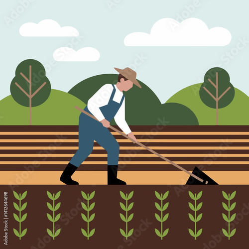 Farmer hoeing field, cultivating crops in flat vector illustration. Agricultural
