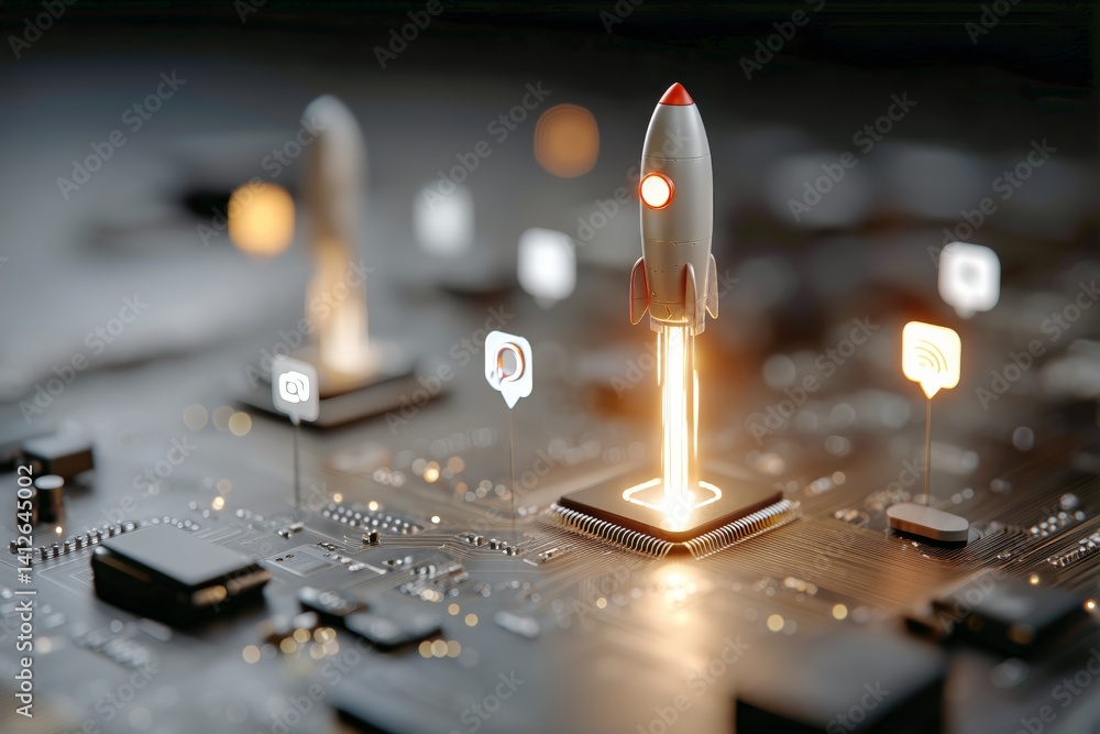Digital Launchpad With Rocket Emerging on Circuit Board Representing Innovation in Technology