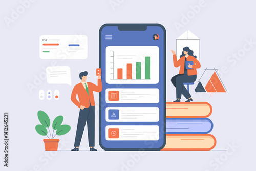 Mobile learning app with man and woman with graphs and books
