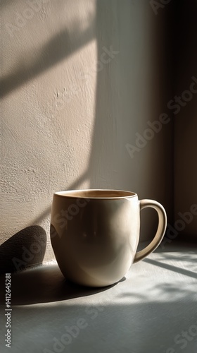 Morning Sunlight Illuminates a Coffee Cup on a Windowsill in a Cozy Kitchen