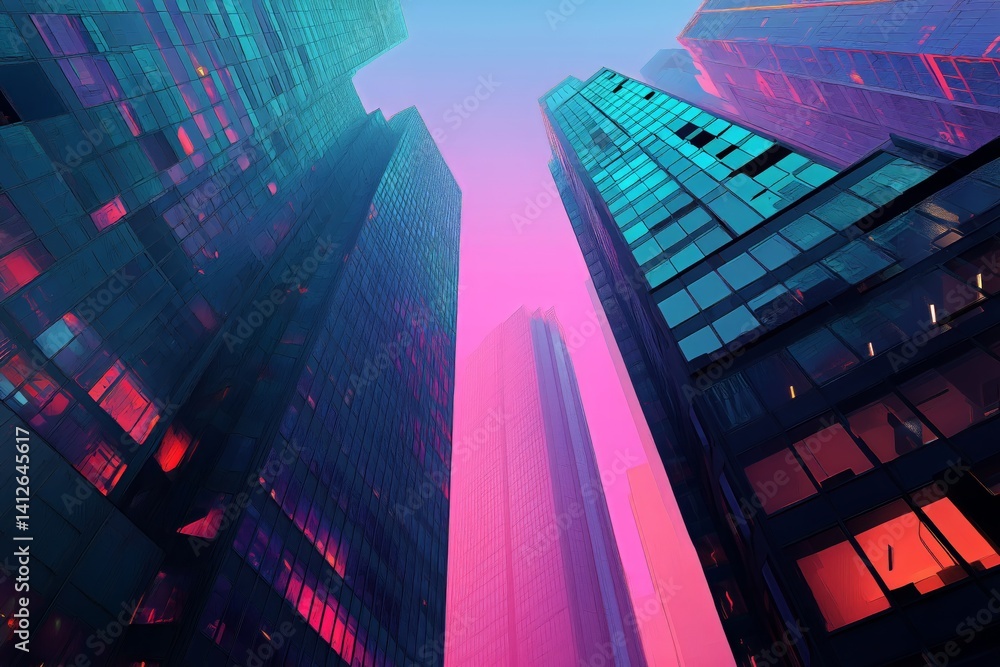 Bright Colors Illuminate Modern Skyscrapers in Urban Landscape at Dawn