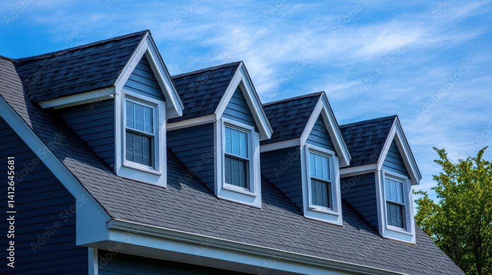 Dormer windows on the sloped shingle roof of a newly built house in Brighton Massachusetts USA : Generative AI. Dormer windows on the sloped shingle roof of a newly built house in Brighton Massachusetts USA : Generative AI.