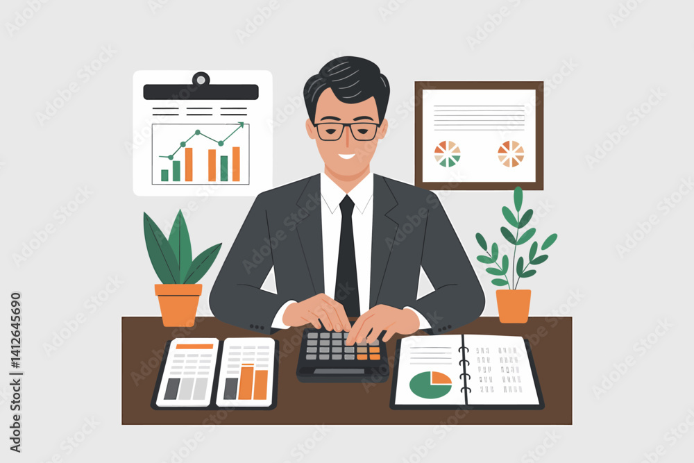 Financial Analyst Calculating Data, Graphs and Charts Office Workplace Financial Analyst Calculating Data, Graphs and Charts Office Workplace