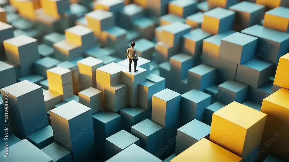 A person standing on a large cube amidst a landscape of colorful geometric shapes, symbolizing creativity