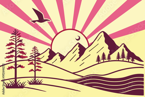 9 Minimalist sunset landscape, vibrant pink sun, yellow mountains, stylized trees, geometric shapes, crescent moon, flying bird, wavy water, pink rays, flat design, bold colors, simple illustration, v
