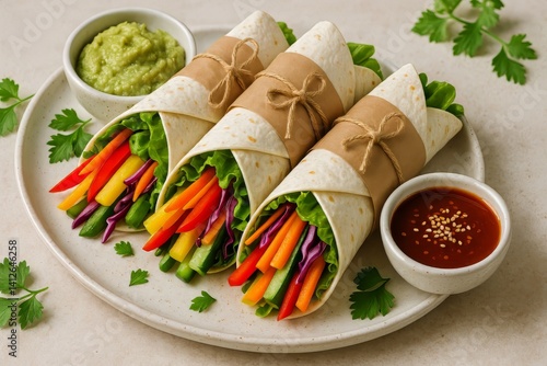 Fresh Vegetable Wraps With Exquisite Dips Presented on a Platter for a Health...
