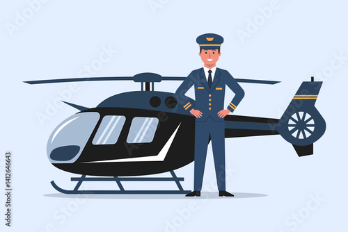 Confident helicopter pilot in uniform standing near a modern chopper