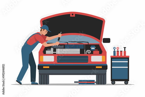 Auto Mechanic Repairing Car Engine, Vehicle Maintenance Illustration